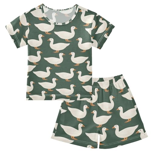 ALAZA White Duck Cute Pajamas Set Short Sleeve Cotton Sleepwear Summer Pjs 2 Piece 5-14Y