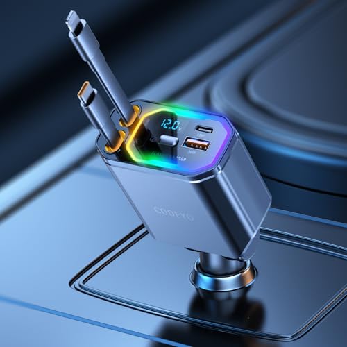 CODEYO Cargador de coche retráctil 4 en 1, adaptador de cargador de coche USB C de 146 W, luz RGB, PD 65 W, 30 W para Apple, cable de 3 pies, cargador de coche tipo C, carga rápida para iPhone