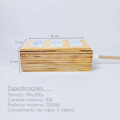Extensão Decorativa de Madeira 3 Tomadas Branca Cabo 3 Metros Régua Elétrica (Creme e dourado)