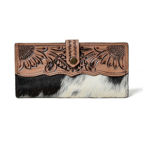 Cowhide Leather Wallet for Women | Handmade Floral Tooled Long Clutch with Snap Closure | Western Style Purse | Rustic Cowgirl Bag