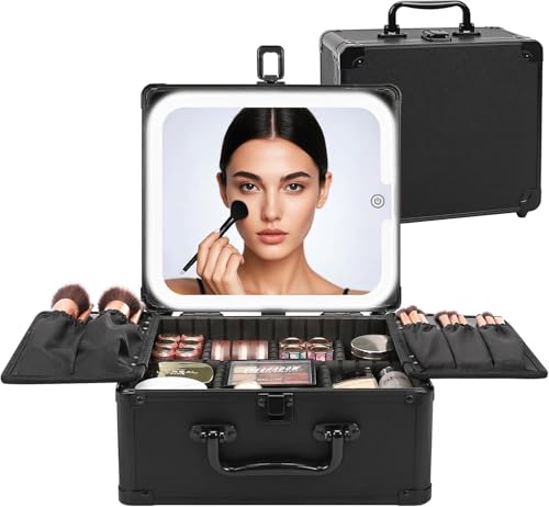 Baggily Neceser de maquillaje con espejo iluminado LED, bolsa de maquillaje de viaje con espejo de carga USB-C y divisores ajustables, estuche de belleza impermeable para mujeres, negro