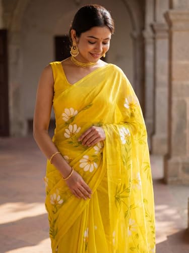 Image of AKHILAM Women's Cotton Saree with White Daisy Floral Prints Tassel Pallu Lightweight Summer Saree