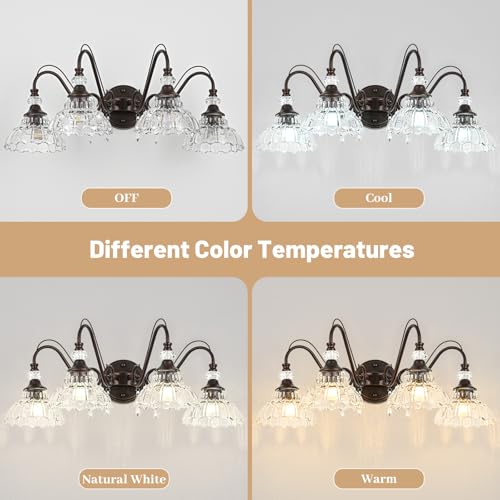 Image of Vintage Bathroom Vanity Light, 4-Light Oil Rubbed Bronze Finish Wall Sconce with Hanging Crystal Accents and Flower-Shaped Clear Glass Shades, Retro Wall Mount Vanity Light Over Mirror for Bathroom