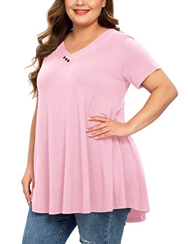 MONNURO Womens Plus Size Short Sleeve V Neck Button Basic Tunic Tops Summer Swing Shirts Blouses for Leggings(Pink,1X)