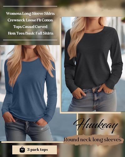 Huukeay 3 Pack Womens Long Sleeve Shirts Crewneck Loose Fit Cotton Tops Casual Curved Hem Tees Basic Fall Shirts3