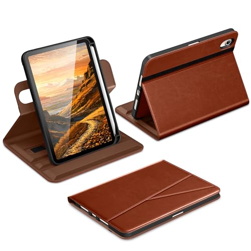DTTO for iPad mini 7 (A17 Pro) Case, iPad mini 7th / 6th Generation Case (2024/2021), 360 Degree Rotating Premium Leather Folio Stand Cover with Pencil Holder, Brown