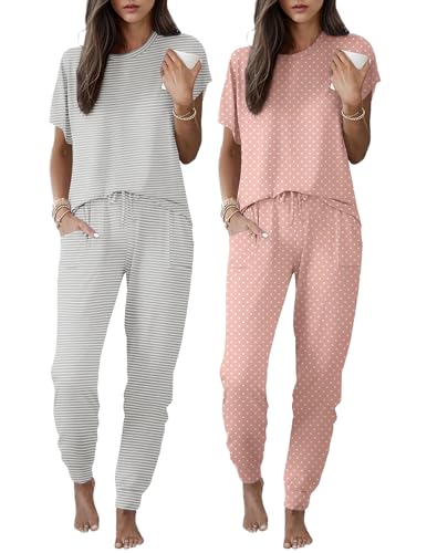 Image of Ekouaer 2 pack Pajama Sets for Womens Jogger Pants Pjs Short Sleeves Lounge Set Soft Sleepwear with Pockets
