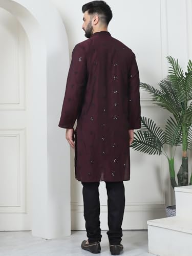 Image of SOJANYA (Since 1958 Men's Cotton Silk Sequinned Neck Embroidered Kurta with Black Pyjama