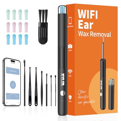 Xylla Ear Wax Removal Kit WiFi Ear Cleaner 1920P FHD Ear Camera,Ear wax remover with 8 PCS Ear Cleaning Kit,Ear Scope Otoscope with 6 LED Lights,Silicone Ear Wax Removal Tool for iOS & Android (Black)