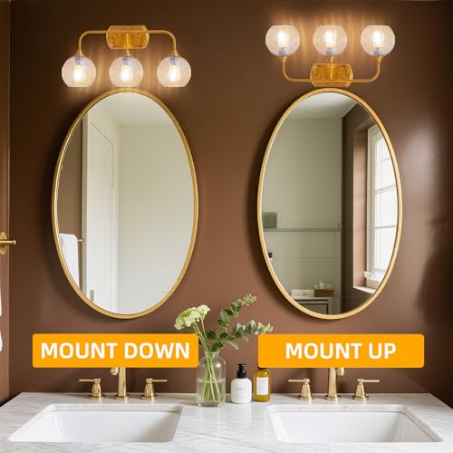 Image of MantoLite 3-Light Vintage Bathroom Vanity Light, Glass Shade Wall Lamp | Ribbed Clear Glass Bathroom Light Fixtures,Bathroom Wall Lamp for Mirror Kitchen Living Room Antique Bronze(Bulb excluded)