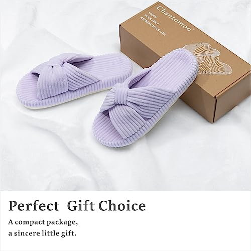 Image of Chantomoo Slippers for Women Memory Foam House Bedroom Corduroy Bow Crossbands Slipper Shoes Comfy Trendy Gift Slippers