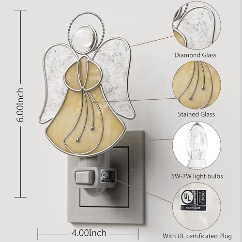 Image of Stained Glass Yellow Guardian Angel Night Lights Plug into Wall | Plug in Night Lights Into Wall Socket Decorative Nightlight for Bedroom Hallway,Mothers Day Gifts for Mom Birthday Christmas