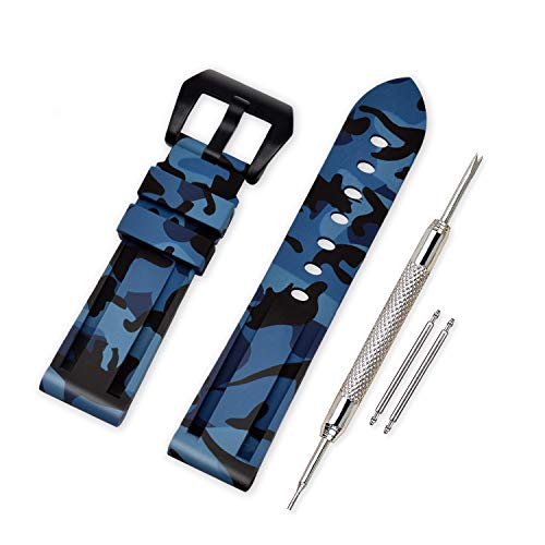 VINBAND Correa Reloj Camuflaje Recambios Correa Relojes Caucho - 20mm, 22mm, 24mm, 26mm Silicona Correa Reloj con Hebilla de Acero Inoxidable Cepillado for Panerai (24mm, Blue-Black) Cover