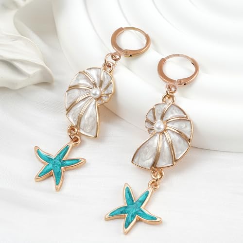 Dangle Gold Starfish Earrings for Women Starfish Seahorse Shell Earrings Drop Sea Shell Seashell Starfish Statement Earrings with Pearl Turquoise Tassel Chain Ocean Summer Vacation Beach Jewelry Gift3