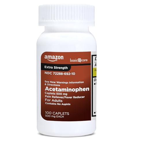 Image of Amazon Basic Care Extra Strength Pain Relief, Acetaminophen Caplets, 500 mg, Pain Reliever /Fever Reducer, 100 Count