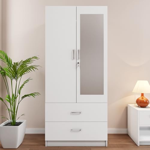Image of VIKI Wardrobe | Albarracin Wardrobe | Wooden Almirah for 2 Door Wardrobe with 2 Drawer & Hanging Space with Mirror (Frosty White - 40D x 80W x 180.8H) | 1 Year Warranty | Free Assembly