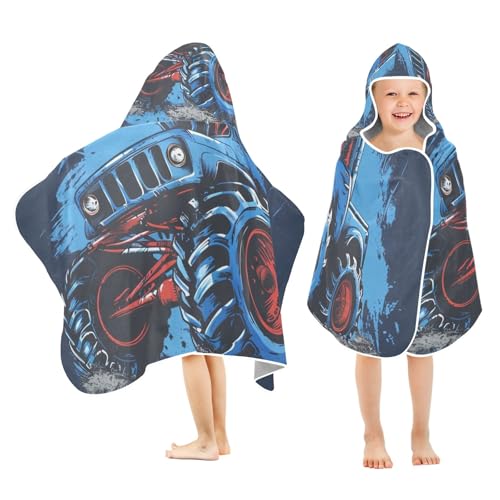 Image of Blue Monster Truck Hooded Beach Towel for Kids, Kids Bath Hooded Towels for Boys Girls, Super Soft Absorbent Bathrobe with Hood for Swin Pool 50 inchx23.5 inch