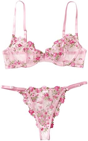 SheIn Women's 2 Piece Sexy Appliques Tanga Mesh Bralette Bra and Thongs Lingerie Set Pink Mesh Small