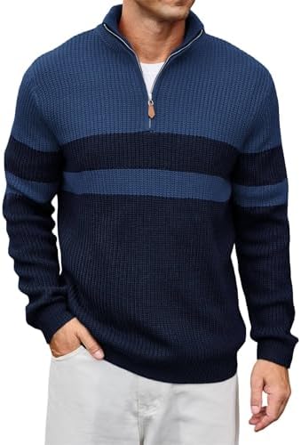 Lexiart Men's Pullover Sweater Mockneck Quarter Zip Color Block R...