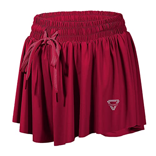 luogongzi 2 in 1 Flowy Womens Sweat Shorts Gym Yoga Athletic Workout Running Biker Spandex Comfy Lounge Skirt Summer (L, Burgundy)