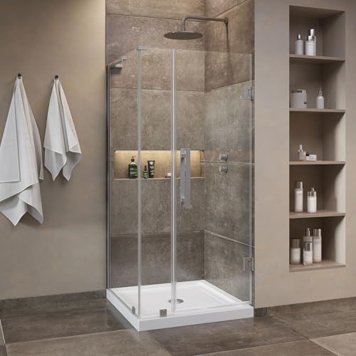 OVE Decors Breeze 36 in. Corner Shower, With Included Base, Clear Glass and Satin Nickel Finish
