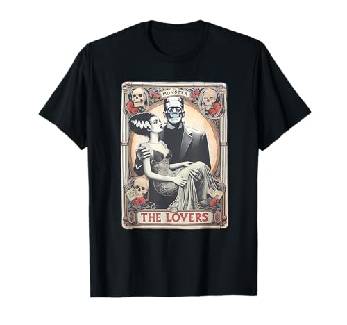 Retro Halloween Frankenstein Tarot Card T-Shirt - Unisex Adults - Black - Small - Short Sleeve - Regular Fit - Cotton 100%, Polyester Blend - Halloween, Retro, Couples, Tarot Card Fans, Unisex