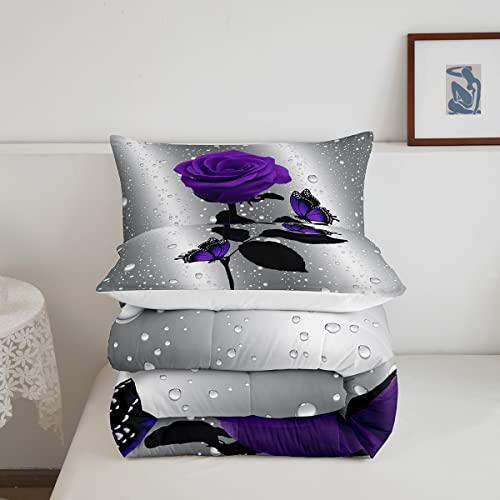 3D Rose Comforter Set Rose Floral Print Bedding Set Romantic Flowers Comforter For Kids Boys Girls Children Teens Bedroom Decor Purple Rose Butterfly Duvet Set King Size Quilt Set With 2 Pillow Case #TOP4