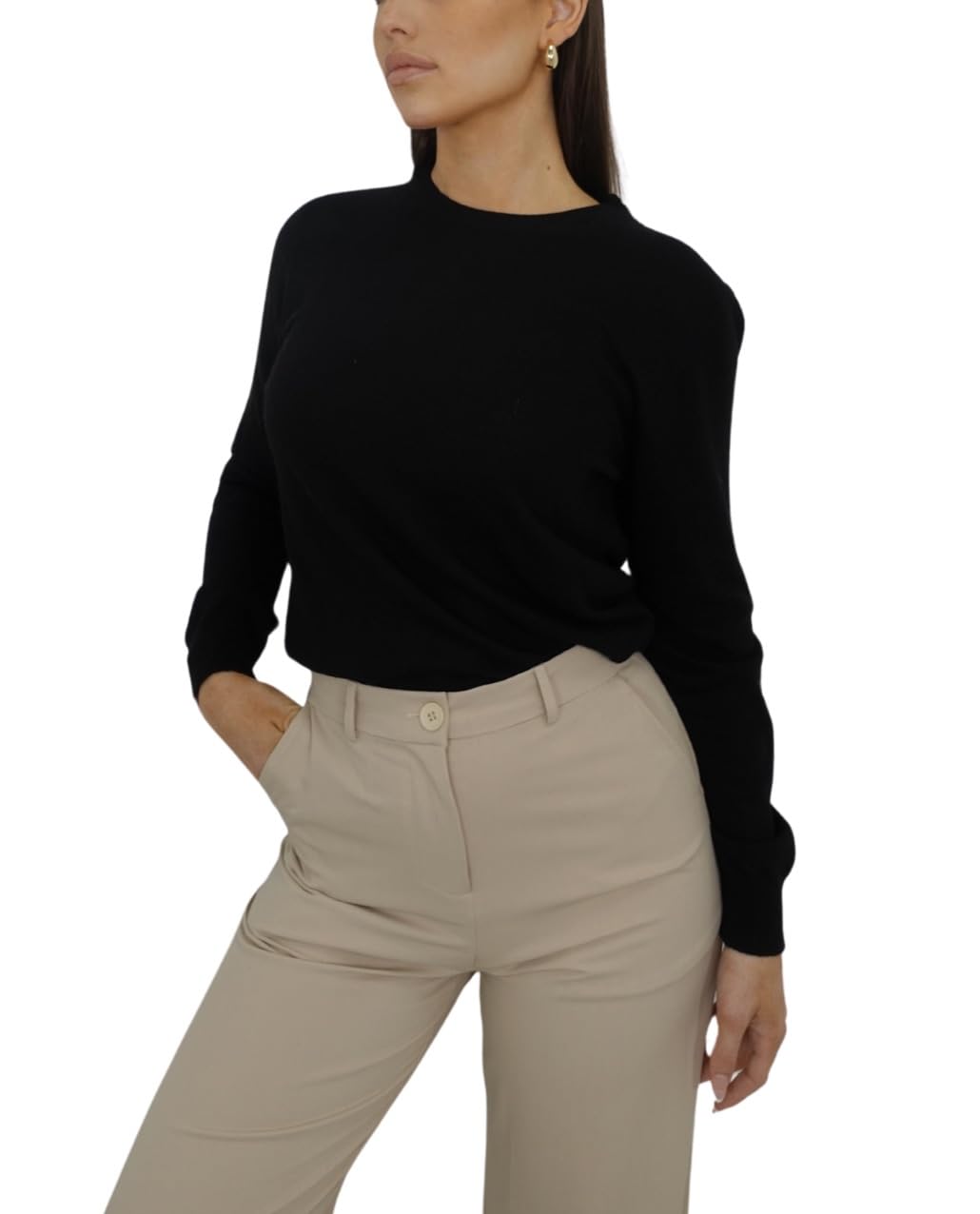 Win's Cashmere Round Neck Sweater for Women, Made in Italy, Black, S