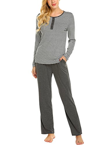 Ekouaer Womens Pajama Set Cotton Long Sleeve Sleepwear with Long Bottoms Soft Pj Lounge Set S-XXL