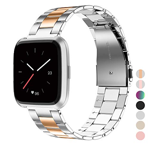 Wearlizer Stainless Steel Band Compatible for Fitbit Versa/Fitbit Versa Lite Bands Women Men,Ultra-Thin Lightweight Replacement Band Strap Bracelet Compatible for Fitbit Versa (Copper+Silver)