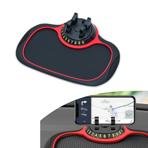Slykew 1 PC Car Dashboard Protection Pad, Soft Waterproof PVC Anti-Slip Vehicle Mat with Temporary Parking Number, Universal Automotive Phone Holder Accessories for Truck SUV Car (Black & Red)