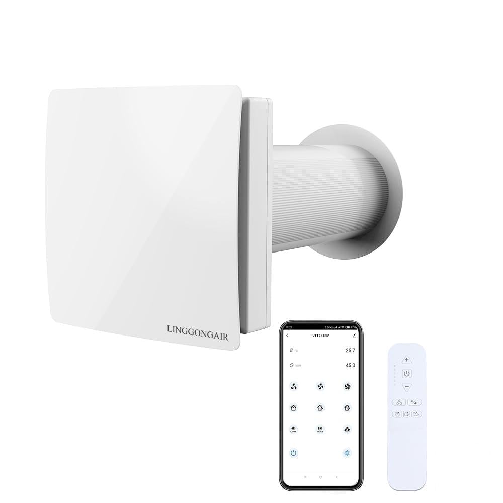 Dezentrale Lüftungsanlage mit Wärmerückgewinnung 125mm – WiFi Smart App Steuerung, Keramikkern & Vorfilter – Leiser Wandlüfter, EC-Motor 60m³/h, HRV-System für Bad/Büro/Keller