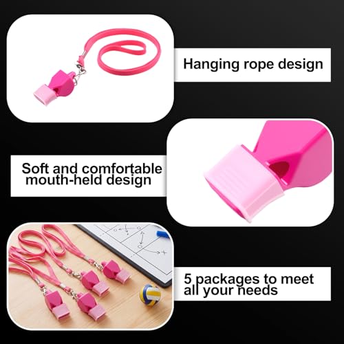 Junkin 5 Pack Pealess Referee Whistles with Lanyards, Loud Crisp Sound, Cushioned Mouthpiece for Coaches, Referees, Teachers, Lifeguards, Sports, Safety & Emergency Use(Pink) - Thumbnail 3