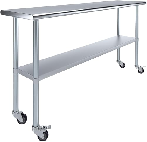 Commercial Stainless Steel Work Table with Undershelf & Casters (14x72)