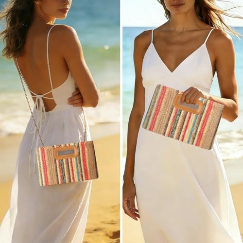 Image of Beach Clutch Bag Straw Summer Clutch Purses for Women Handmade Woven Purse Detachable Gold Chain, Crossbody