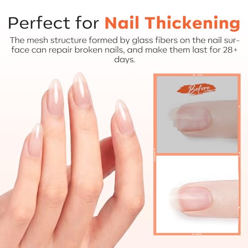 Image of modelones Fiber Rubber Base Gel for Nails, 15ml Clear Glass Fiber Rubber Base Gel Polish Coat Builder Nail Strengthener Thickening for Weak Cracked Thin Nails Foundation Gel Cured Needed