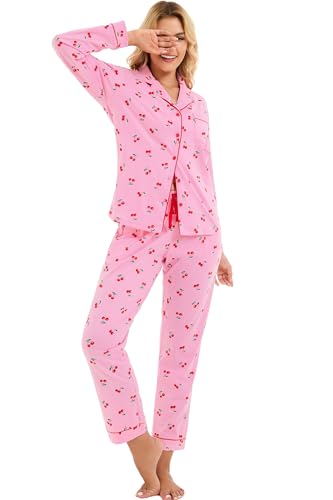Image of LUBOT 100% Cotton Pajamas for Women Pajama Set 2 Piece PJ Sleepwear Set Soft Ladies Button Knit Long Sleeve Loungewear XS-XXL