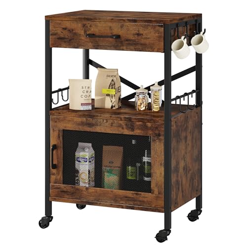 Image of Homeiju Kitchen Island Cart, Kitchen Storage Cart with Drawer, Microwaves Stand, Coffee Cart, Rolling Kitchen Cabinet Cart with Hooks for Kitchen, Dining Room