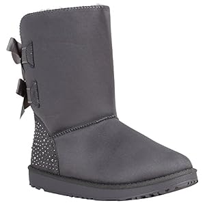 stiefelparadies Damen Schuhe Schlupfstiefel Strass Satin Optik Warm Gefütterte Stiefel 151921 Grau Strass 40 Flandell
