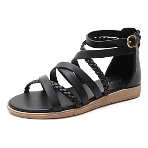 Womens Strappy Flat Sandals Ankle Strap Sandals Low Heel Adjustable Summer Roman Sandals Outdoor Sport Water Shoes For Women Black Uk 8 Cover
