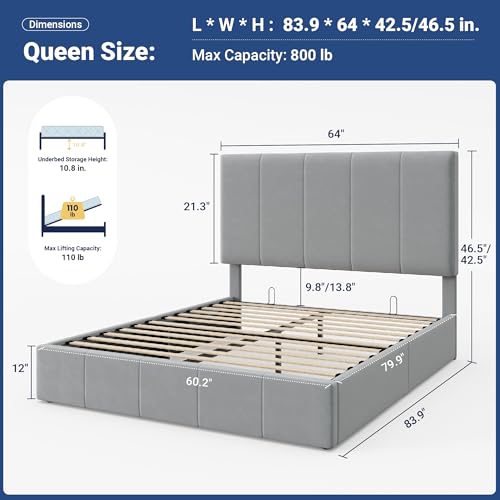 Image of Allewie Queen Size Velvet Lift Up Hydrualic Storage Bed Frame, Grey