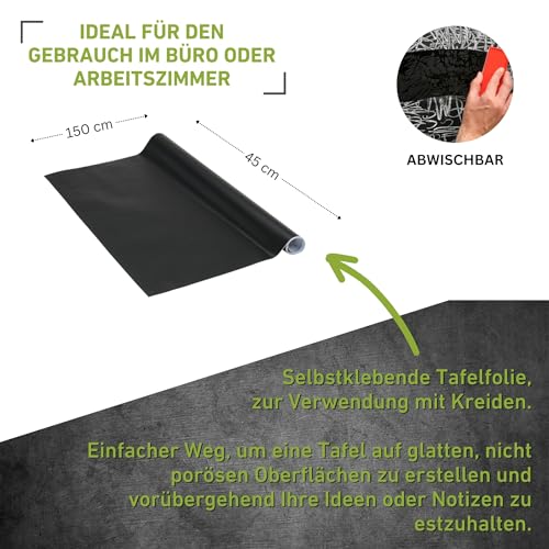 Venilia Tafelfolie selbstklebend | Kreidefolie Kühlschrank Tafel Schwarz Matt | 45cm x 1,5m, Stärke 150μ | Multifunktionstafel-Folie, Küchenfolie | ohne Phthalate | Made in EU