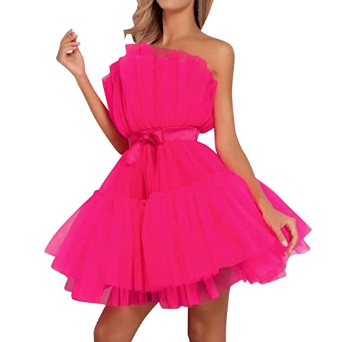 Generisch Tüllkleid Damen Kurzes Ballkleid Flauschiges Prinzessinnen-Minikleid Trägerloses Mesh-Plissee-Cocktailpartykleid Klassentreffenkleid (L)