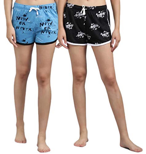 Image of KOTTY Pure Cotton Skyblue and Black Printed Women Night Short - Pack of 2