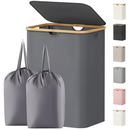 Lifewit 150L Laundry Basket with Lid, Clothes Hampers for Laundry with Bamboo Handles and 2 Removable Laundry Bags, Large Foldable Laundry Hamper for Bedroom, Bathroom, Dorm, Laundry Room, Grey