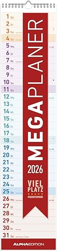 Alpha Edition - Megaplaner 2026 Streifenkalender 14 5×64 cm mit viel Platz für Notizen & Ferienterminen übersichtlicher Wandplaner & Küchenkalender für Haushalt Büro & Organisation