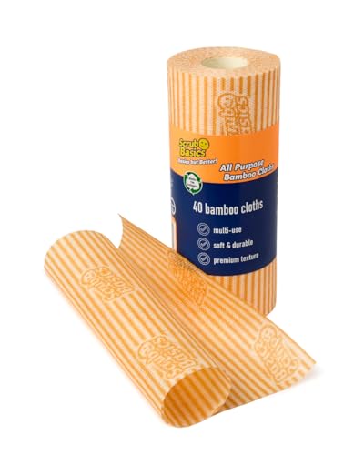 Scrub Basics All Purpose Bamboo Cloths, 1 Roll with 40 Sheets - Multi-Use Absorbent Cleaning Cloths on a Roll, Soft Textured for Kitchen, Bathroom & Home - Durable Cleaning Supplies