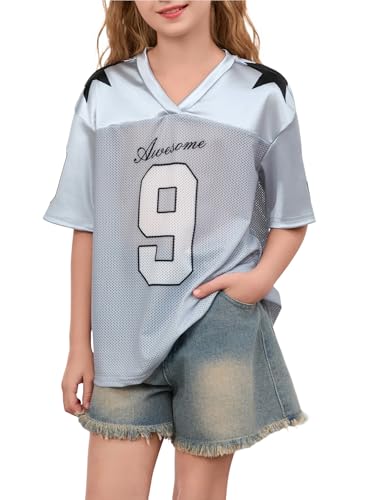 SOLY HUX Girl's Jersey Shirts Letter Graphic Mesh Oversized T Shirts V Neck Half Sleeve Loose Tee Tops