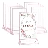 EHWINE 12 Pack Acrylic Sign Holder 5 x 7, Double-Sided Stand up Table Top Sign Holders, Pink Acrylic Picture Frame Menu Flyer Paper Holder Display Stand for Office Business Store Wedding Party