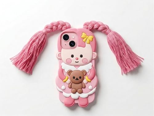 Image of amazon basics Cute 3D Pink Doll Silicone Mobile Case for iPhone 15 - Aesthetic Cartoon Girl with Braided Tassels & Teddy Bear, Soft Shockproof Protective Back Cover for Girls & Kids